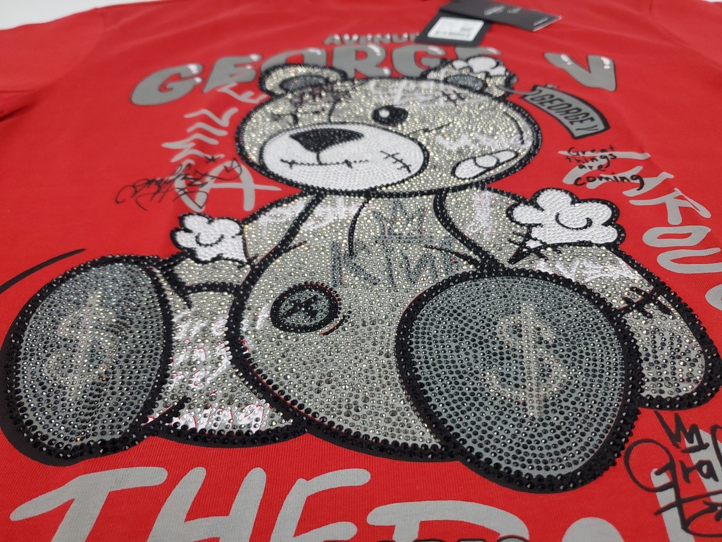 NWT Men's Avenue George V Paris Red Teddy Bear Rhinestone T Shirt Size XL gallery