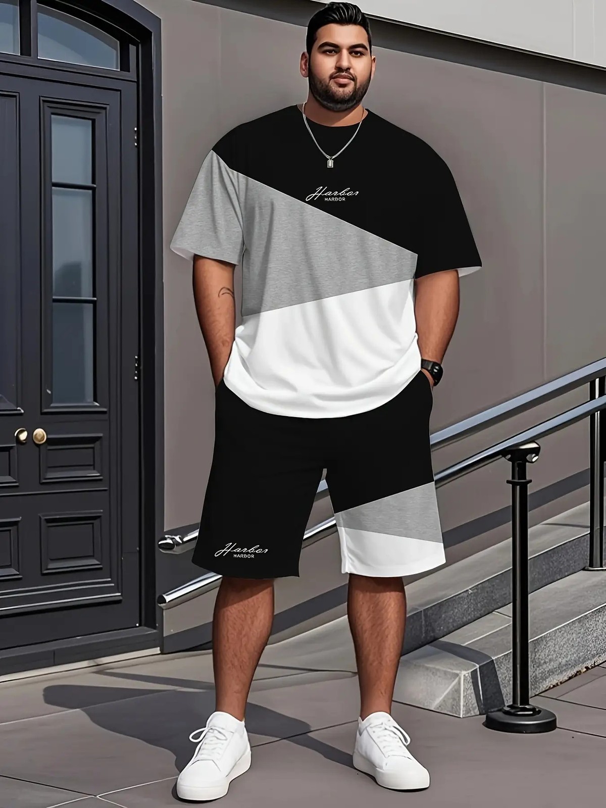 Geometric Color Block Letter Print Short-sleeve Short Set, Men's Home Casual Out gallery