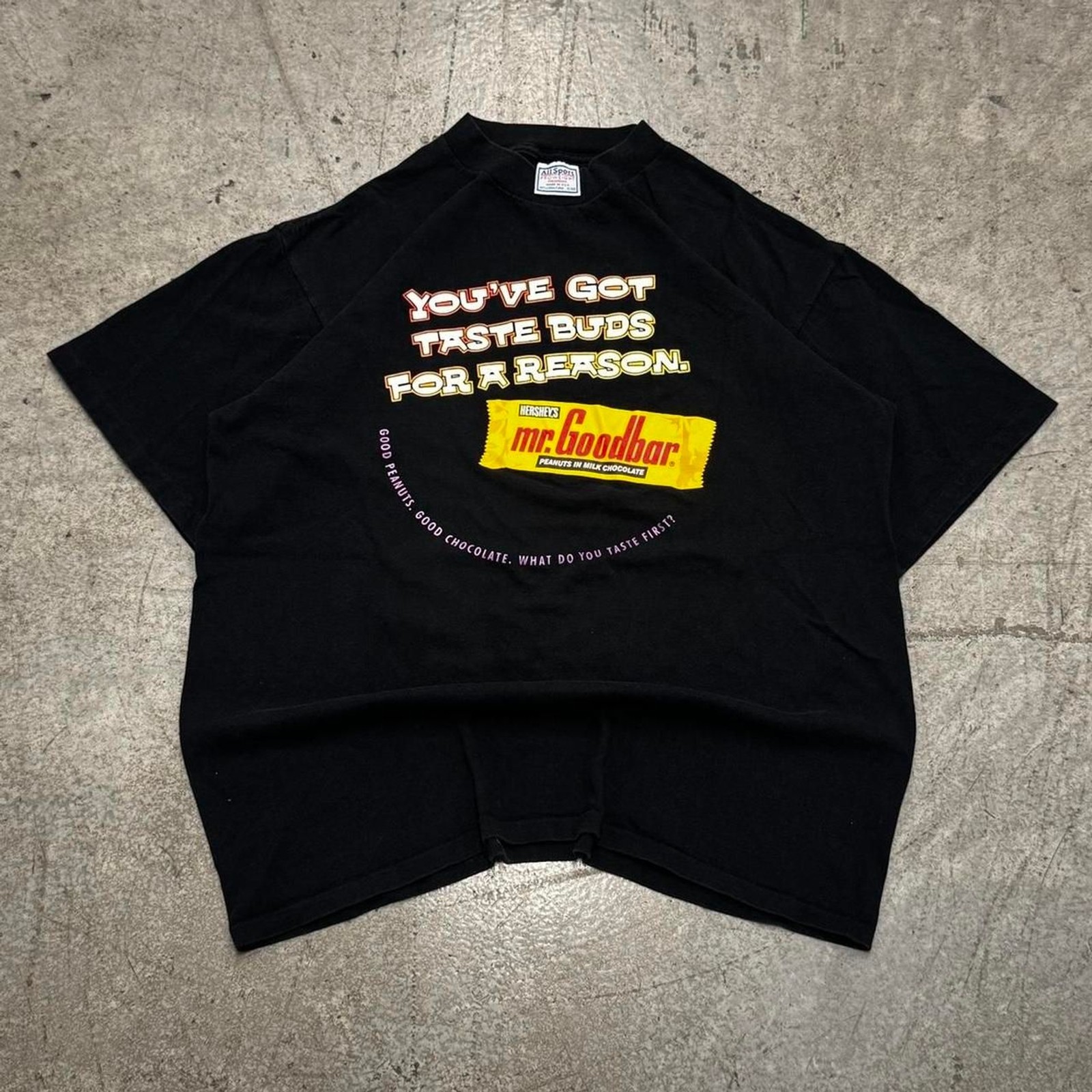 Vintage 90s Mr. Goodbar Hersheys Candy Promo Tshirt XL Black Slogan Joke Kitkat