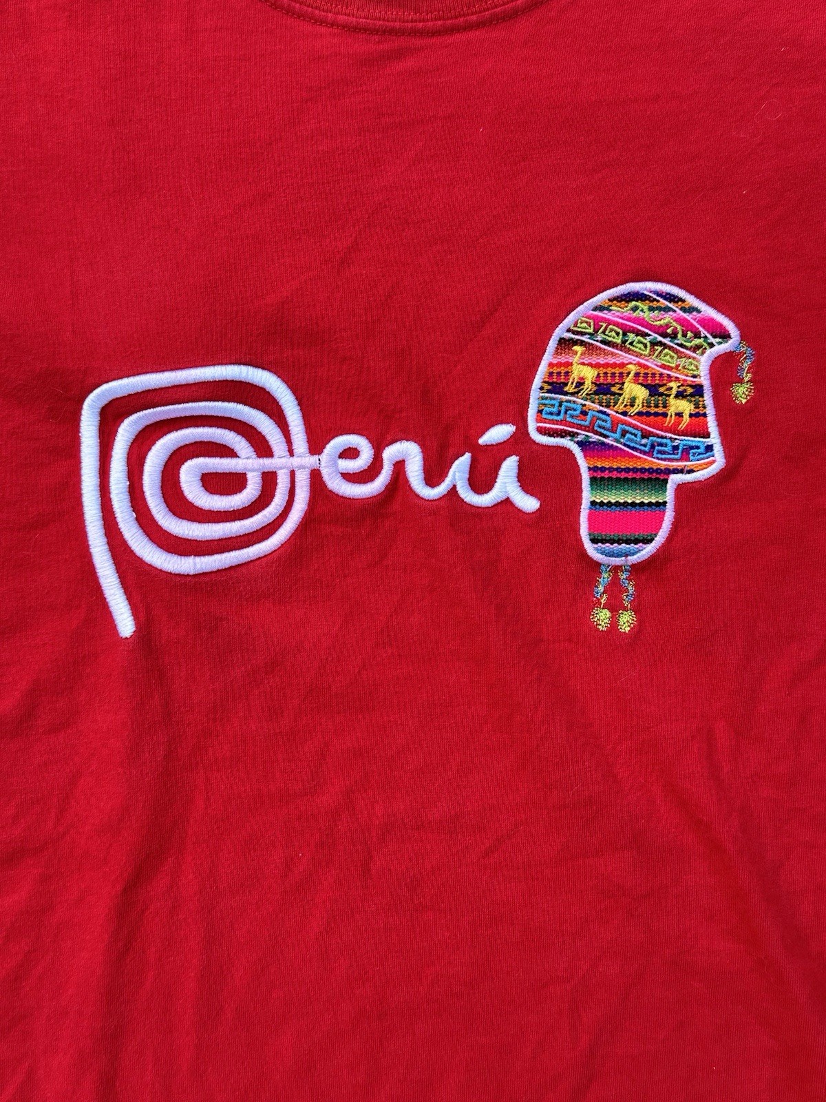 Peru Chullo Llama Peruvian Patriotic Embroidered Women Short Sleeve Shirt Size L gallery