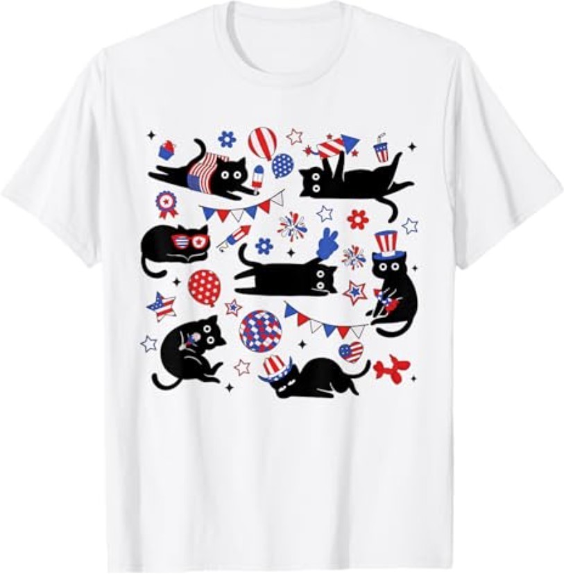 Cute Black Cat USA Flag Firework Patriotic 4th of July T-Shirt