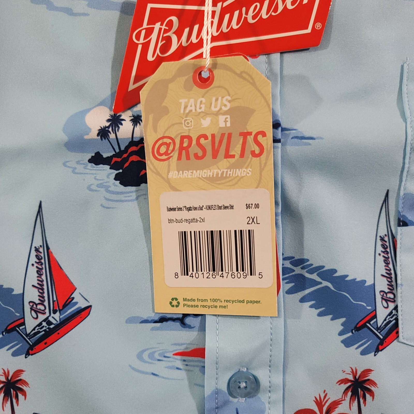 RSVLTS Shirt Mens Size 2XL Regatta Have A Bud Short Sleeve Button Down Blue gallery