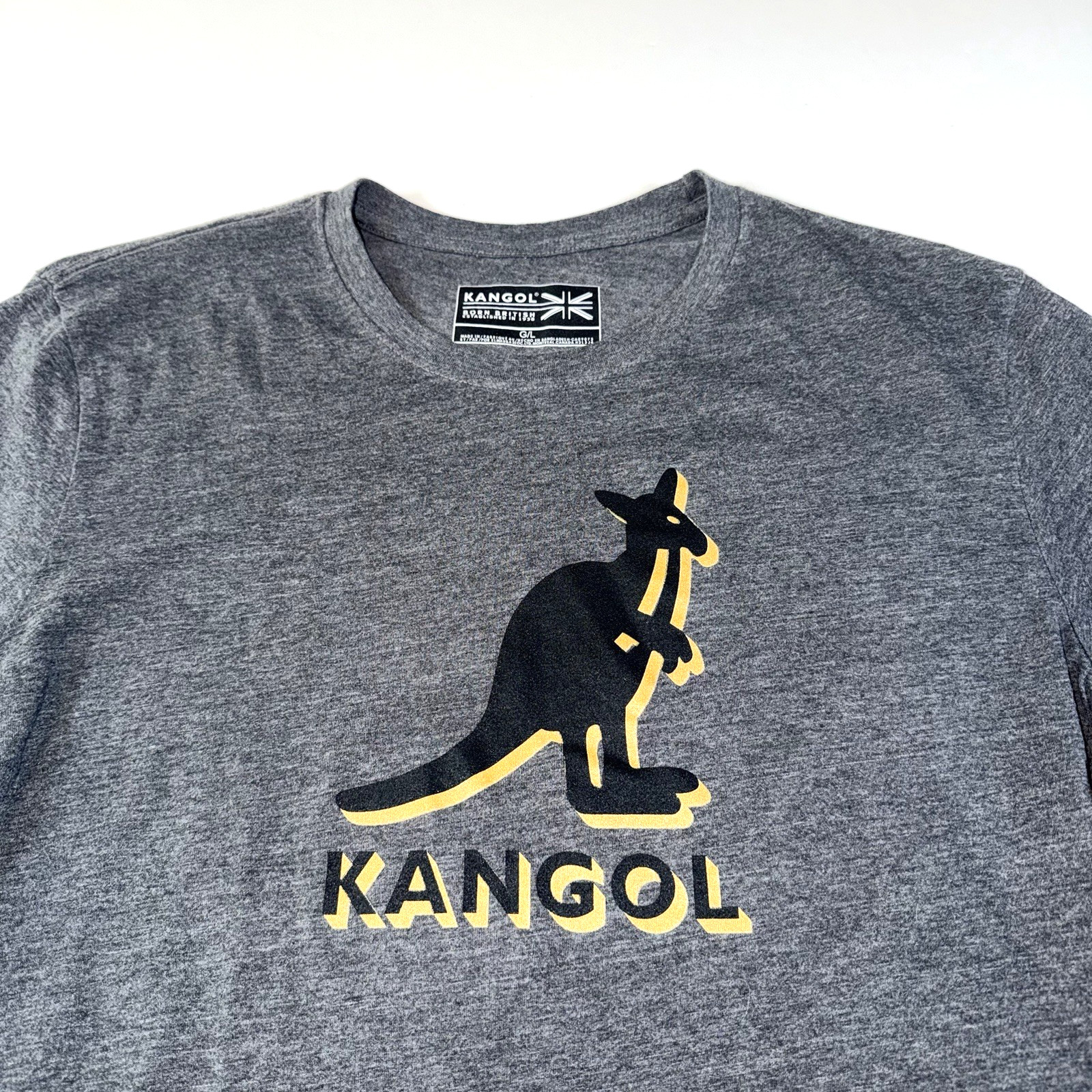 Kangol Shirt Men's Dark Gray & Gold Kangaroo Logo Graphic T-Shirt Size Large EUC gallery