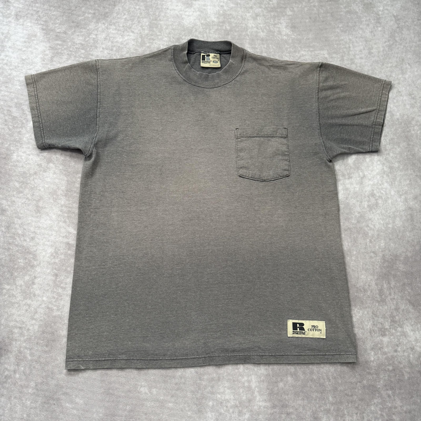 Vintage 90s Russell Athletic Pocket Tee Shirt Mens M Gray Fade Ghost USA gallery