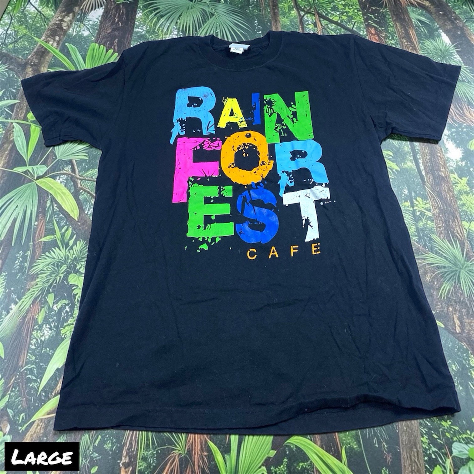 Vintage 90s Rainforest Cafe T-Shirt Men’s LARGE Black Logo Animals 100% Cotton gallery