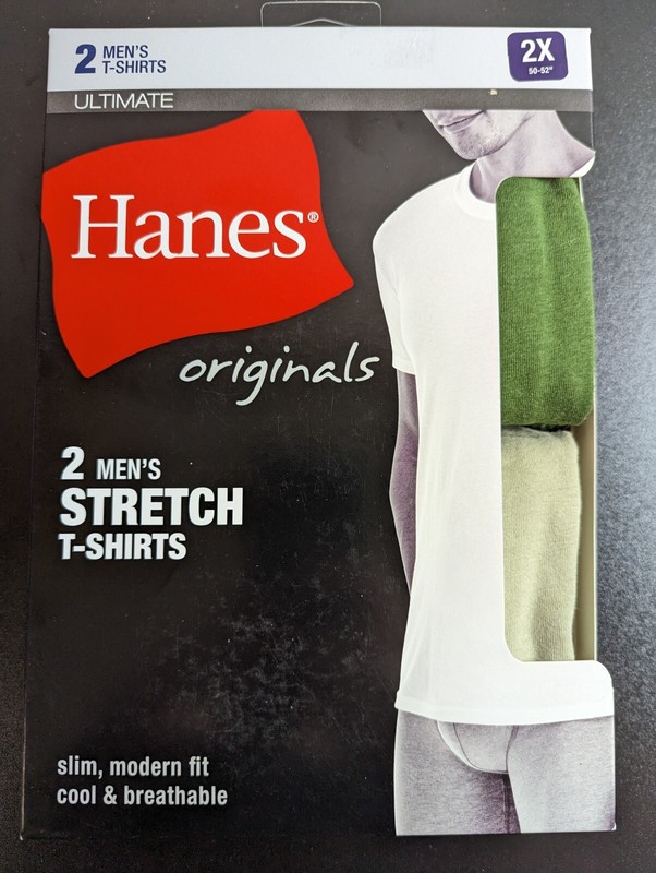 Mens Hanes Crew T-Shirts Originals Neck Stretch Ultimate 2Pack Slim Fit Size 2XL