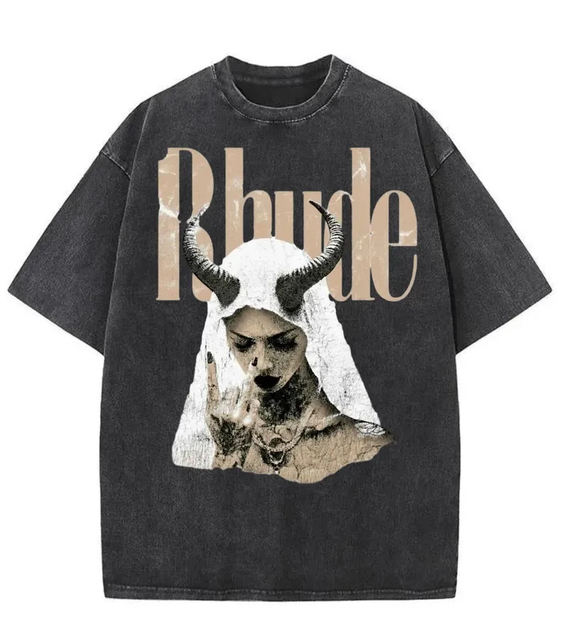Rhude Horned Goddess Washed Shirt - Goth Streetwear Graphic Tee- FREE SHIPPING gallery