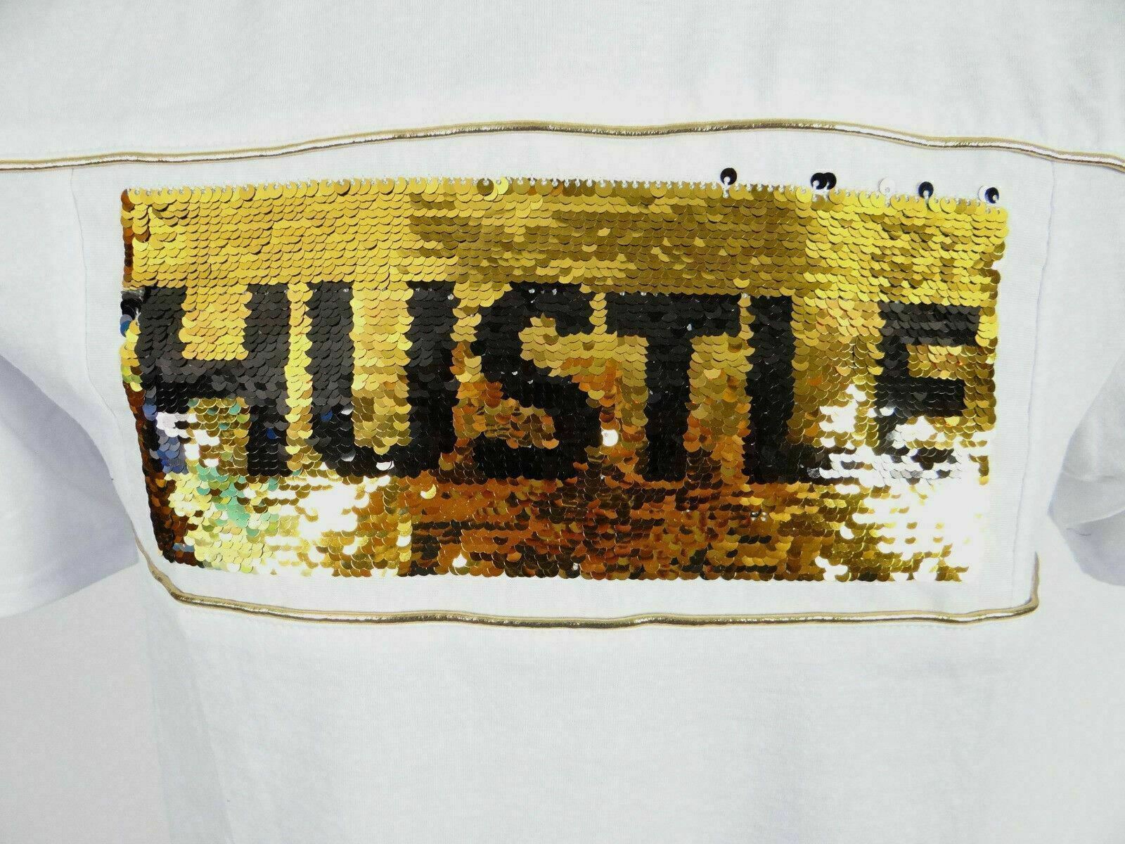 Mens Hoodie T-Shirt Reverse Gold Sequins Logo White Slim Fit Hip Hop M L XL XXL gallery
