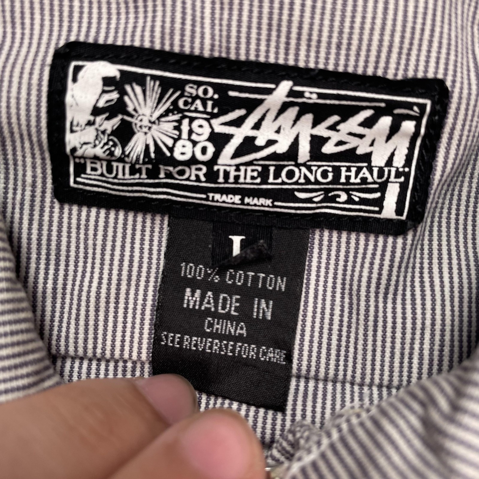 Stussy Shirt Mens Large Gray Striped Tribe Half Zip Long Sleeve Woven Pullover gallery