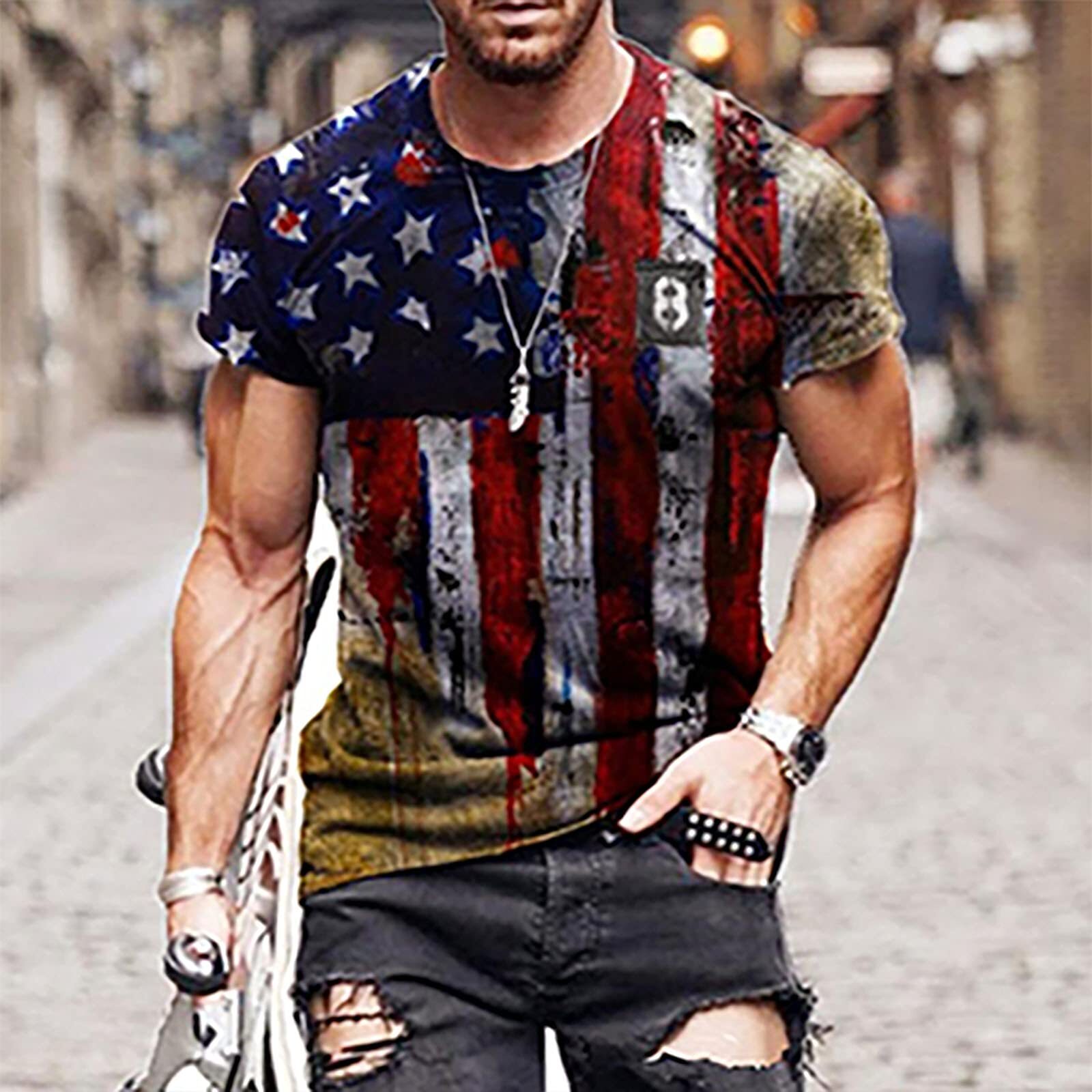 ON SALE!! USA Distressed Flag Casual Fashion Slim Fit T-shirts American Tee