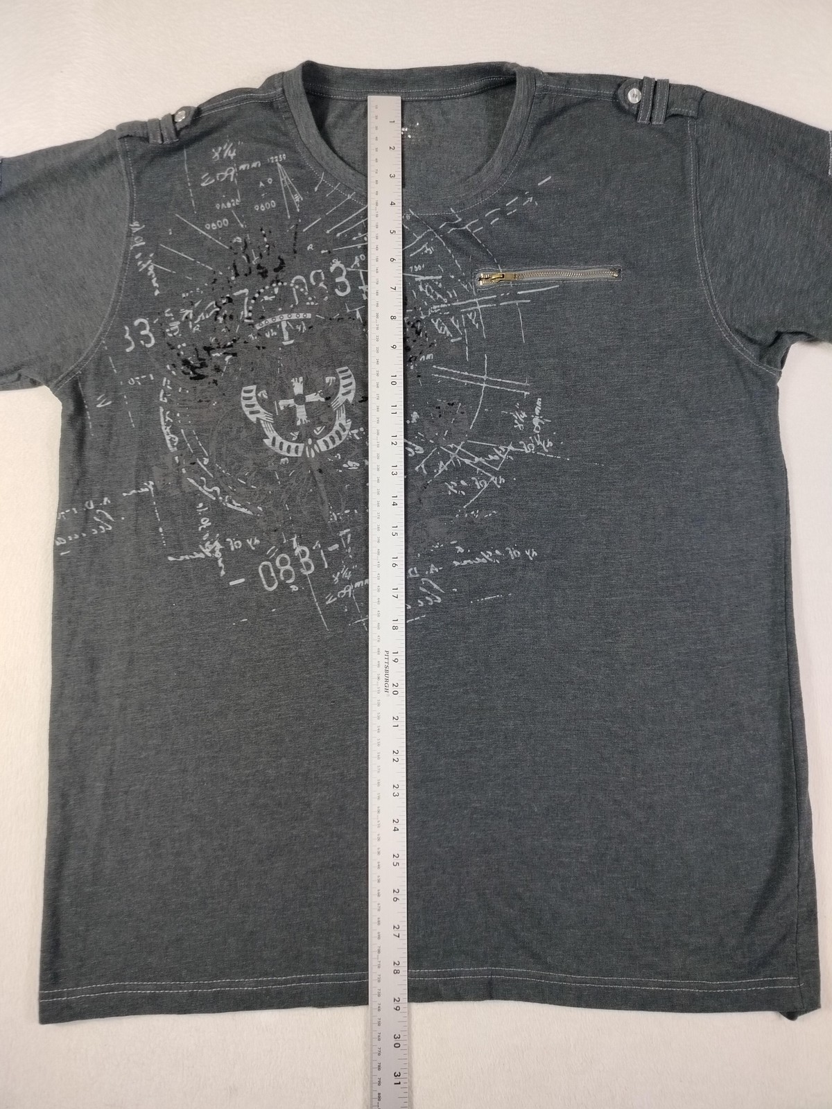 Vintage Y2K Shirt Mens Large Gray Math Print Zipper Pocket Epaulet Studded gallery