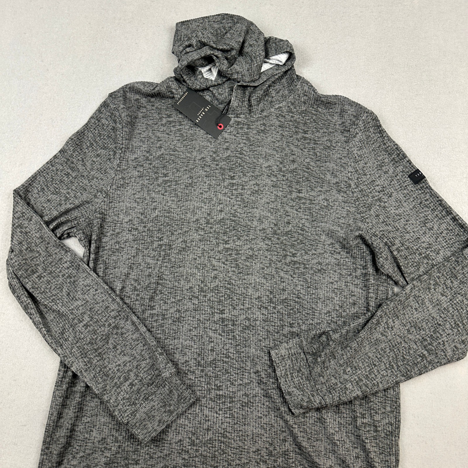 Ted Baker Hoodie Shirt Men Large Gray Solid Pullover Long Sleeve Hood New L gallery