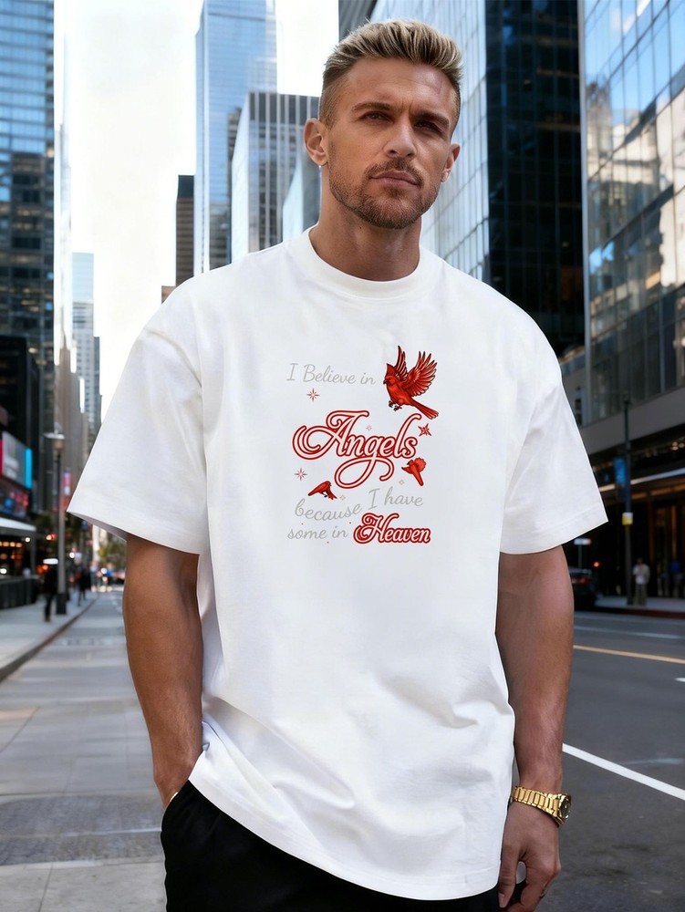 Red Cardinal and Letter Graphic 100% Cotton Men’s T-Shirt, for Daily Streetwear