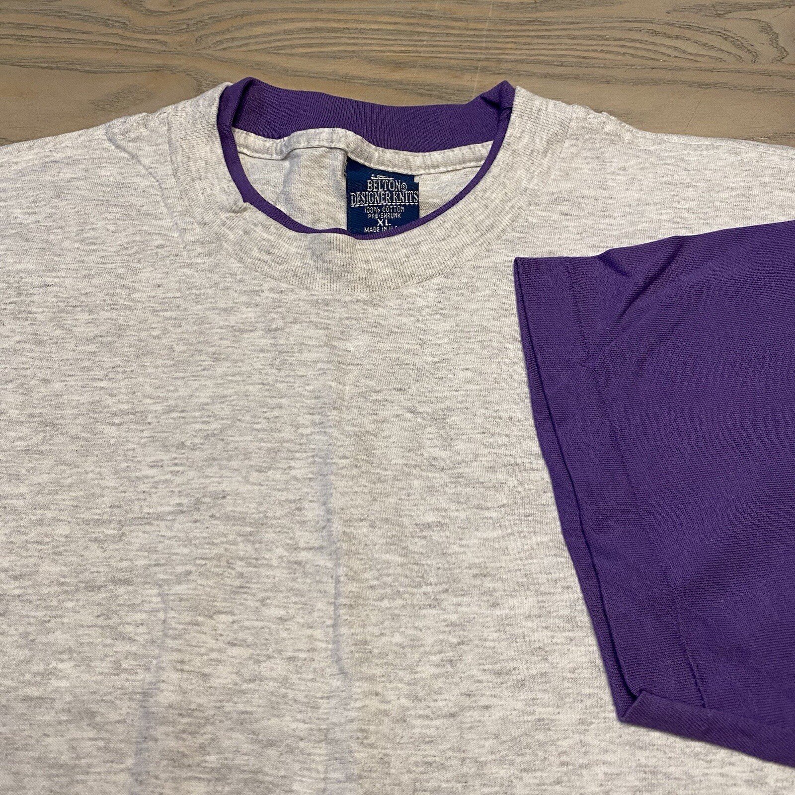 VTG Belton Designer Knits Gray Purple Contrast Sleeves Mens XL Single Stitch USA gallery