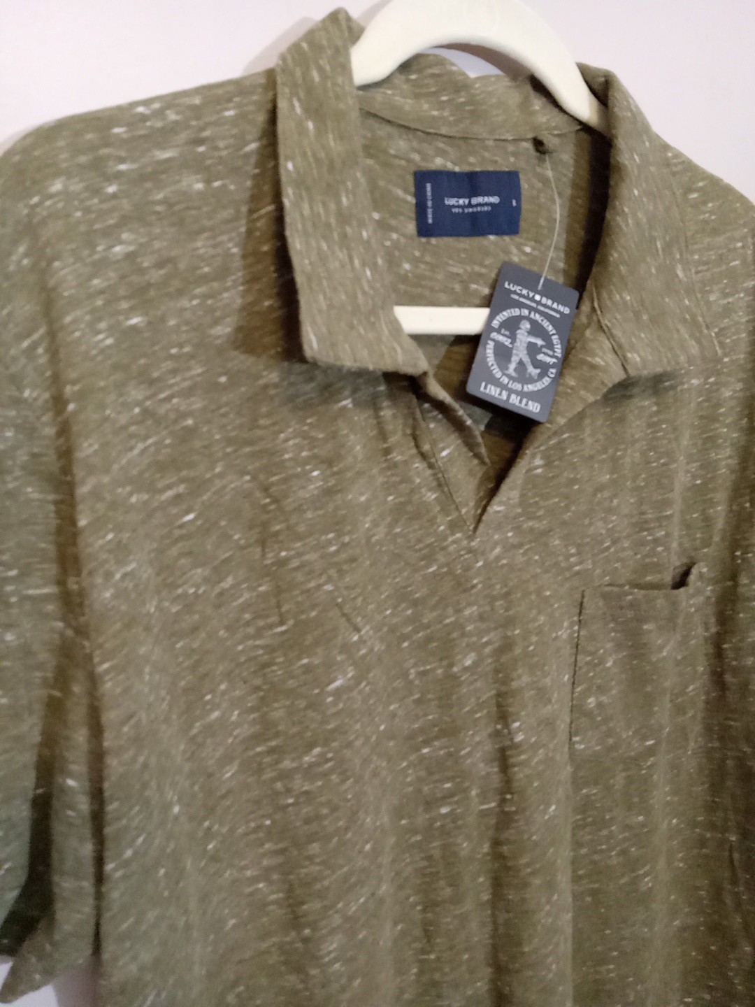 Lucky Brand Men Heather Green Open Collar Shortsleeve Linen Blend Shirt Size L gallery
