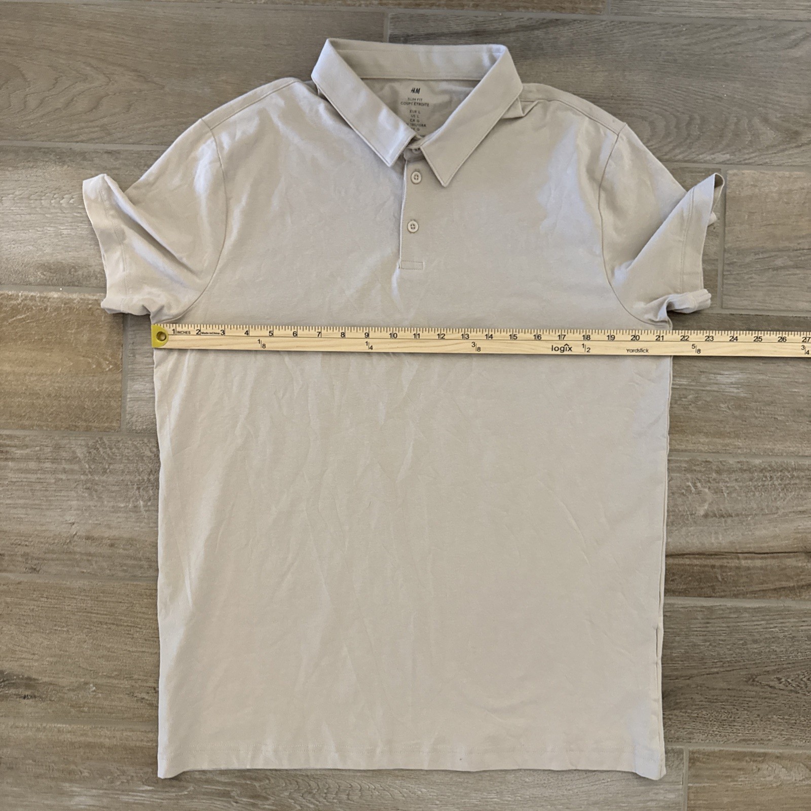 H&M Men's Slim Fit Polo Shirt Button + Spare Beige Size Large Stretch gallery