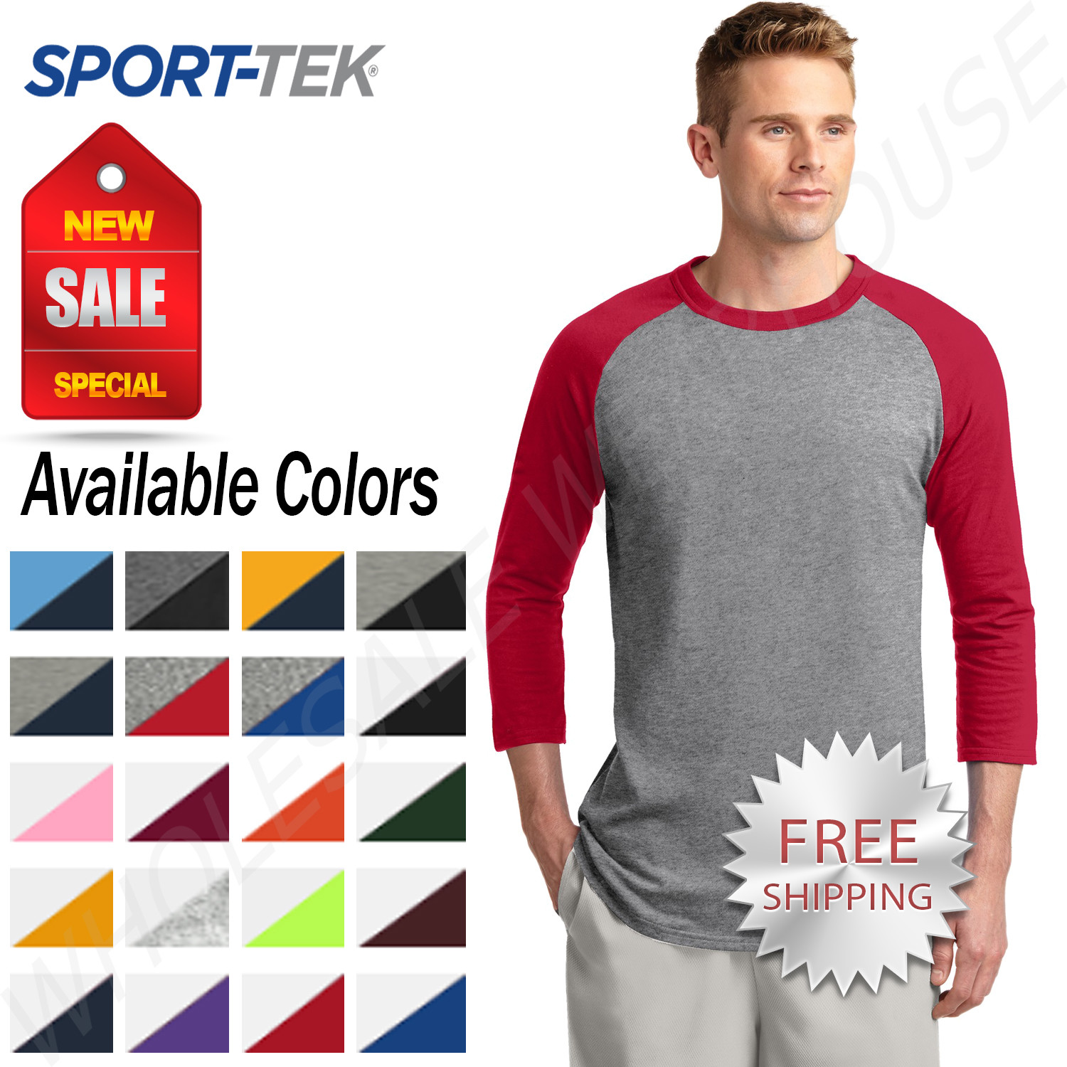 Sport-Tek Mens 100% Cotton Raglan 3/4 Sleeve Colorblock Baseball T-Shirt M-T200 gallery