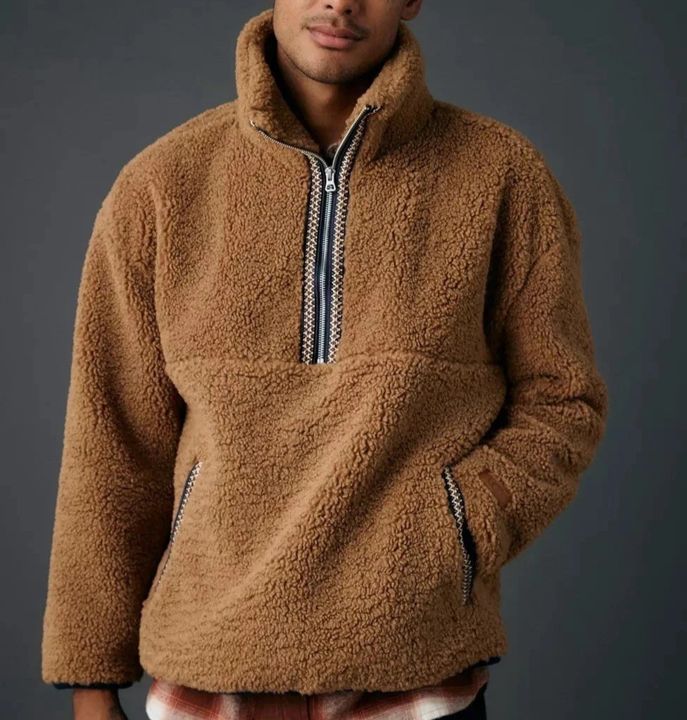 NEW UGG Mens UGGBraid Half Zip SHERPA Pullover Chestnut Brown Fleece, Size Large