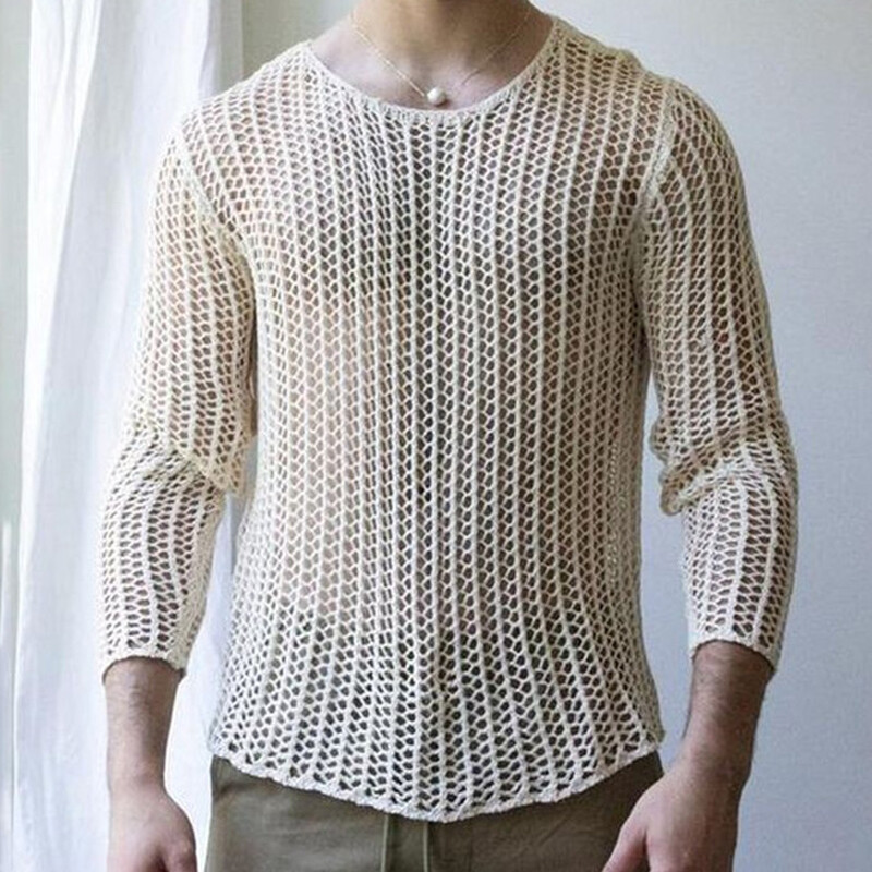 Men Sexy See Though Mesh T shirt Hollow Out Crochet Slim Top Clubwear