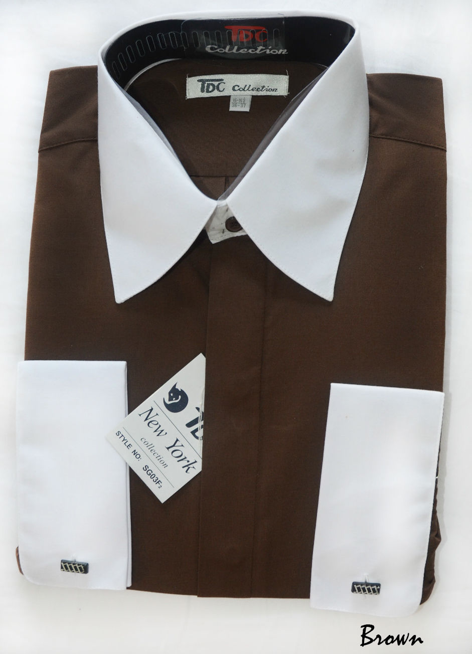 Men’s Stylish French Cuff Dress Shirt Sizes 15 1/2 – 20 1/2 Brown/ White S03F2