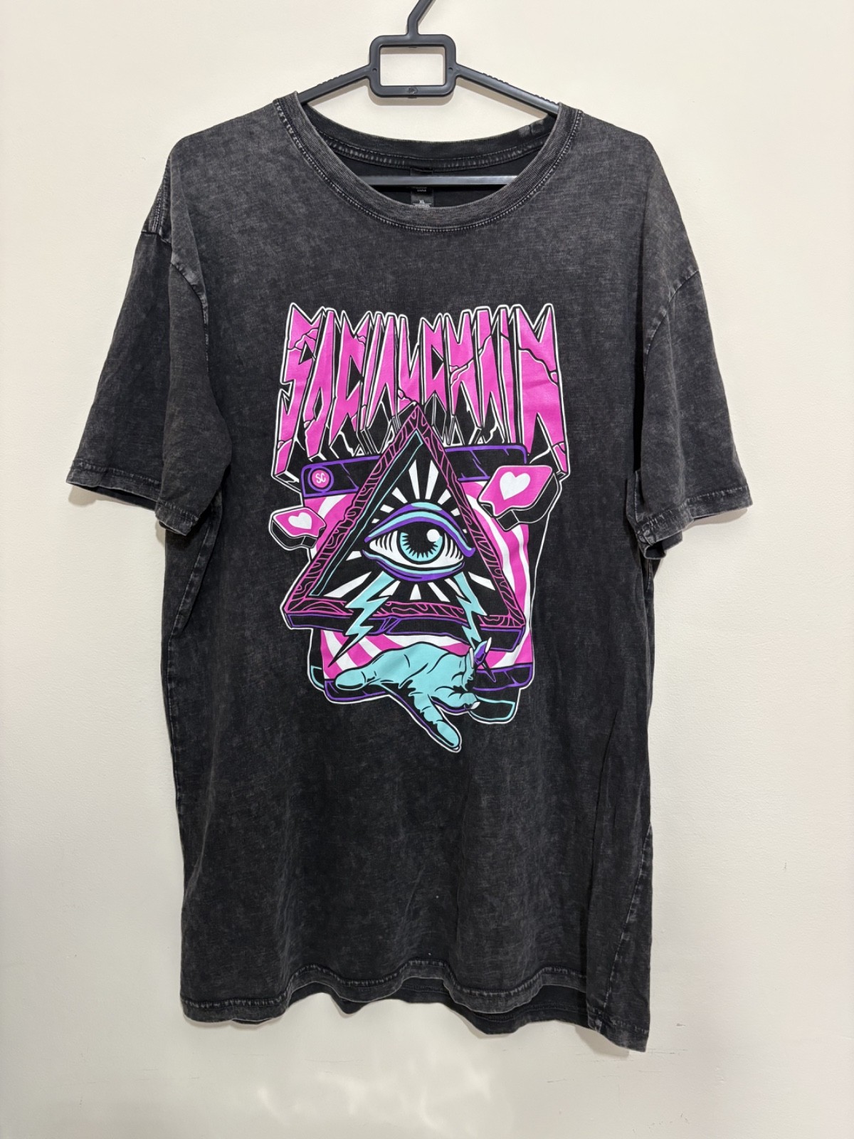 Social Chain Graphic T Shirt XL Black Acid Wash All Seeing Eye Neon Oversized gallery