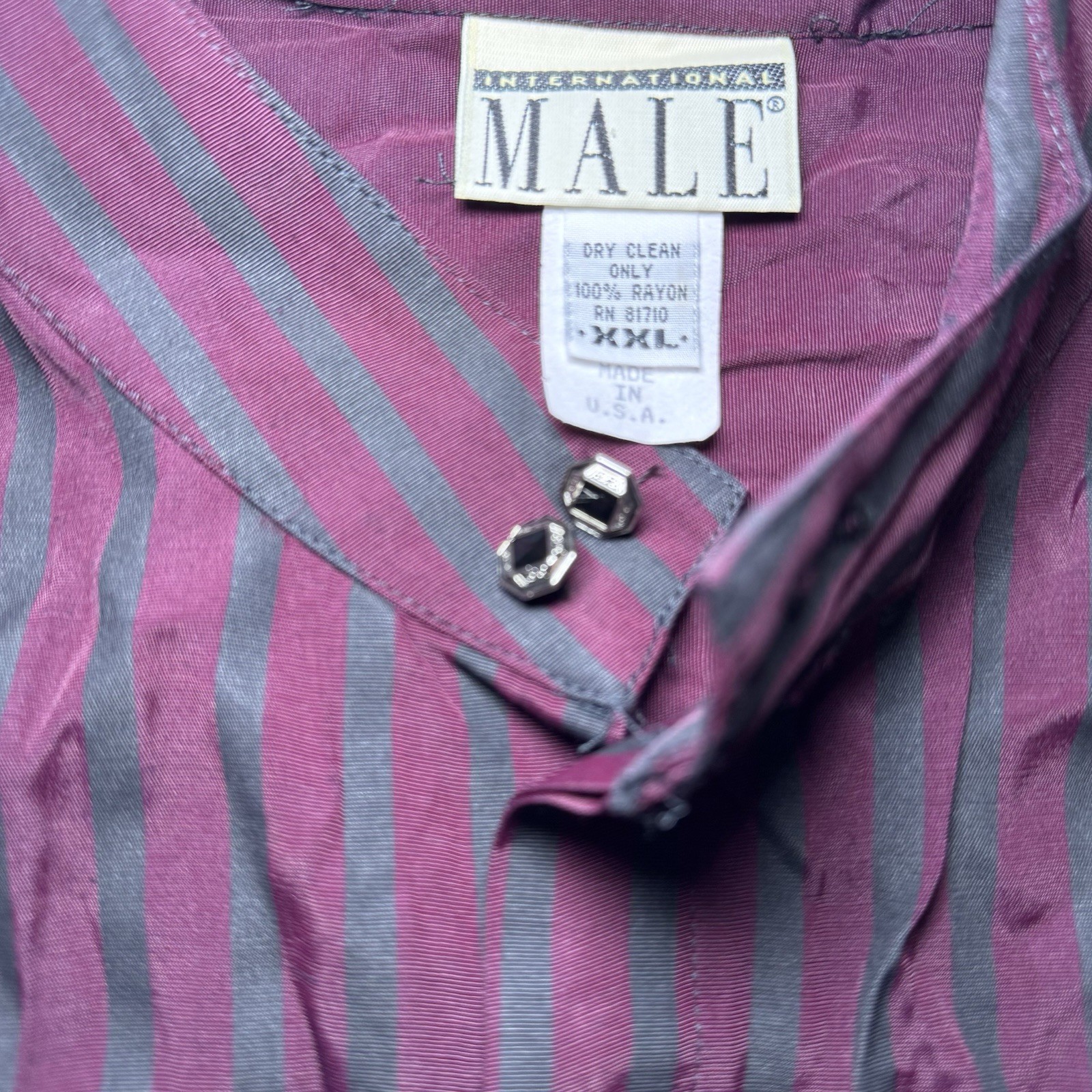 Intl Male Black Satin Stripe Shirt Large Glam Rock Goth Clubwear Vintage 80s gallery