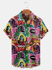 Mens Button Down Shirts Horror Pattern Printed Hawaiian Tops Novelty Ugly Gift