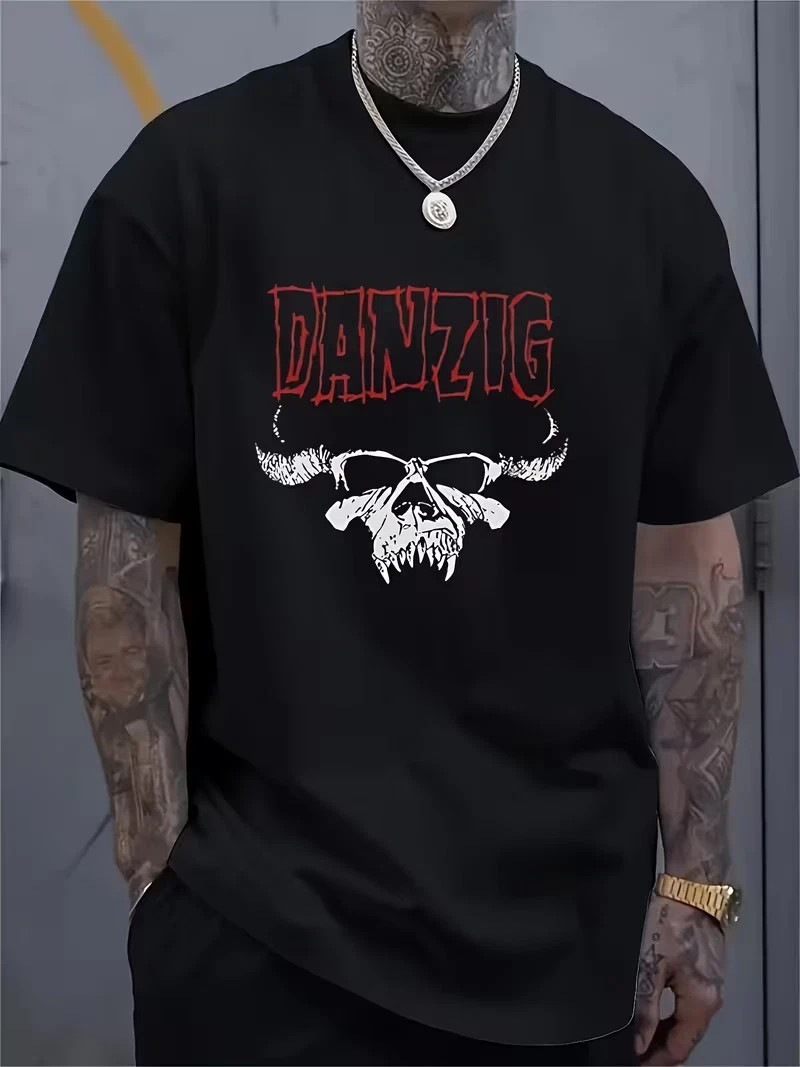 1pc Danzig Heavy Metal Graphic Men'S T-Shirt - Skull & Horn Design, Breathable F gallery