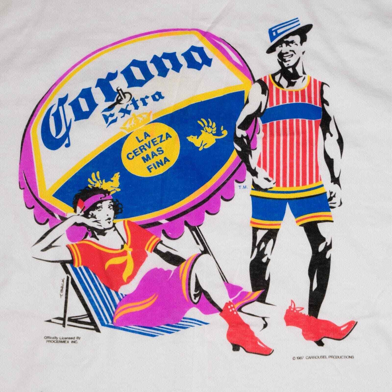Vintage 80s Corona Extra Beer Sz L Roaring 20s Beach Scene T-shirt 2 gallery