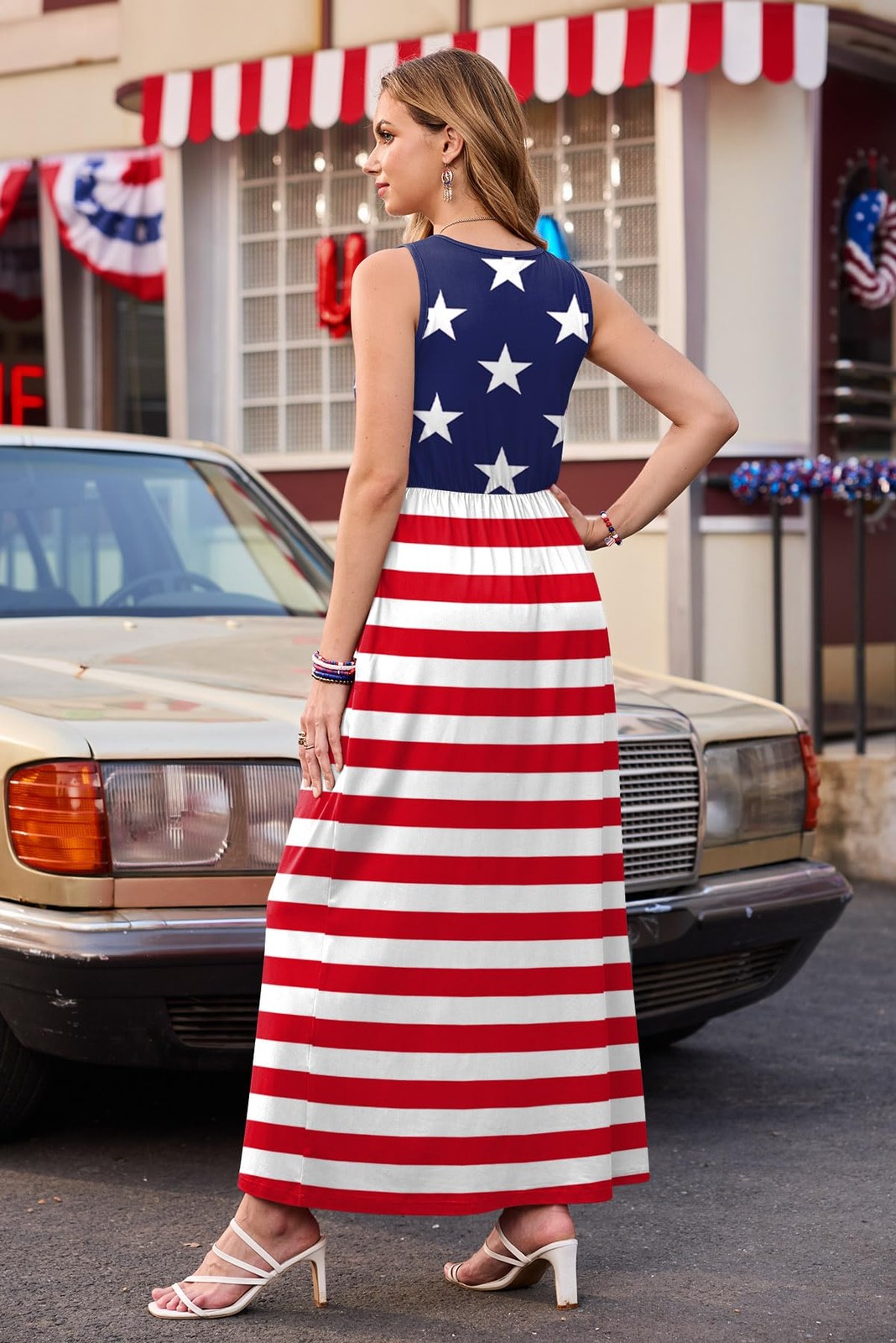 Womens July 4th Maxi Patriotic American Flag Long Dress with Pockets High Wai... gallery