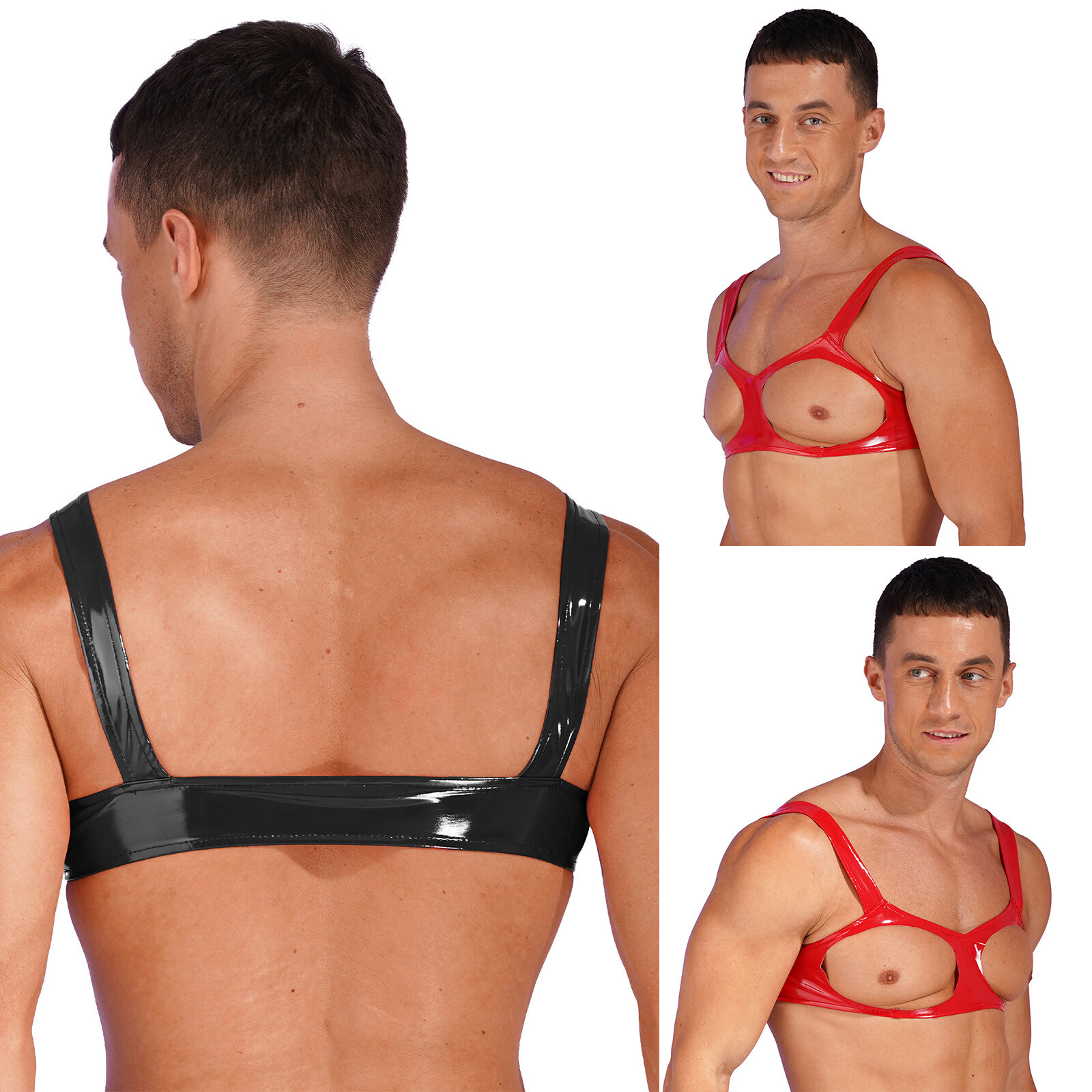 US Mens Wet Look Top Hollow Out Bra Unlined Wire-free Bralette Naughty Lingerie gallery