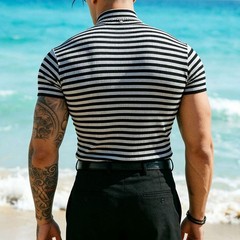Men Stripe Turtleneck Short Sleeve Slim Pullover Tee 95% Polyester 5% Spandex