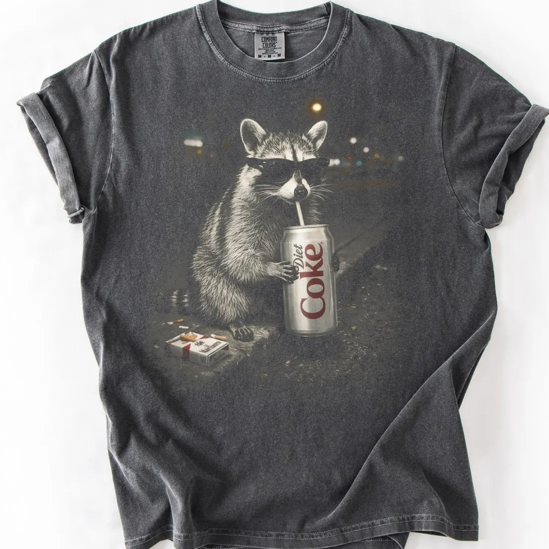Raccoon Drinking Diet C0ke T-Shirt – Funny Trash Panda Sunglasses Tee