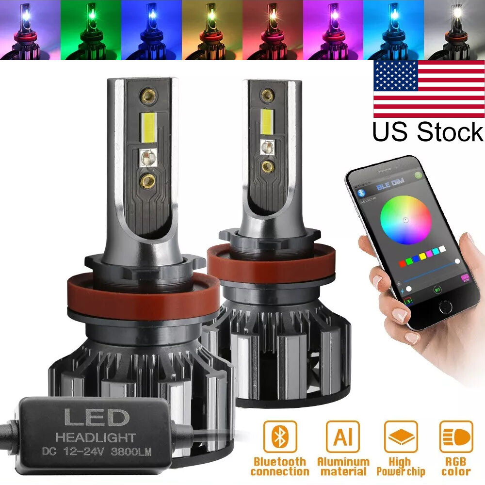 2Pcs RGB LED H8/H9/H11 Headlight Kit Bulbs With Bluetooth APP Phone Control