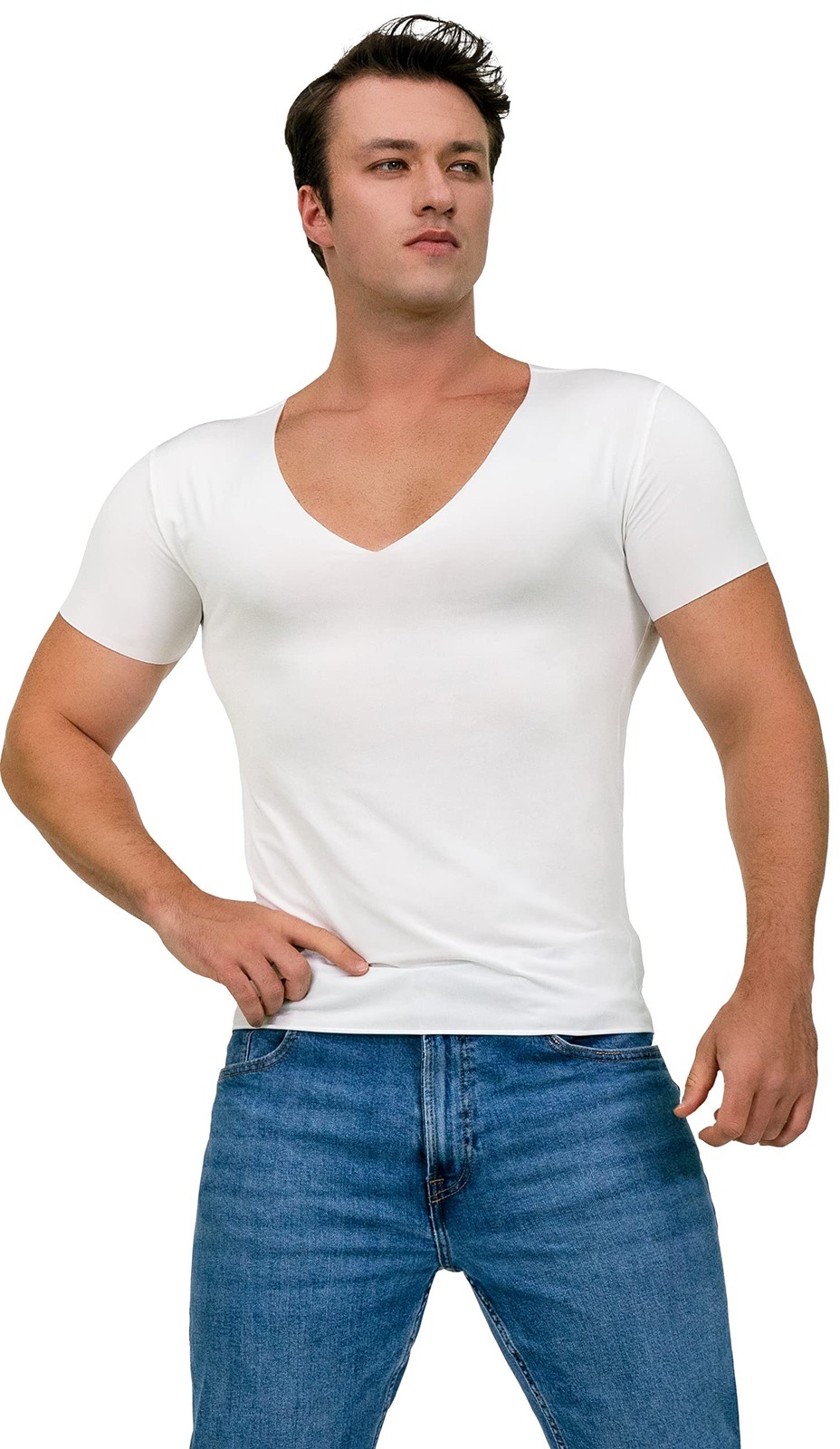 Deep V Neck Undershirts for Men-Sweatproof White V-Neck Short Sleeve Mens Tsh... gallery