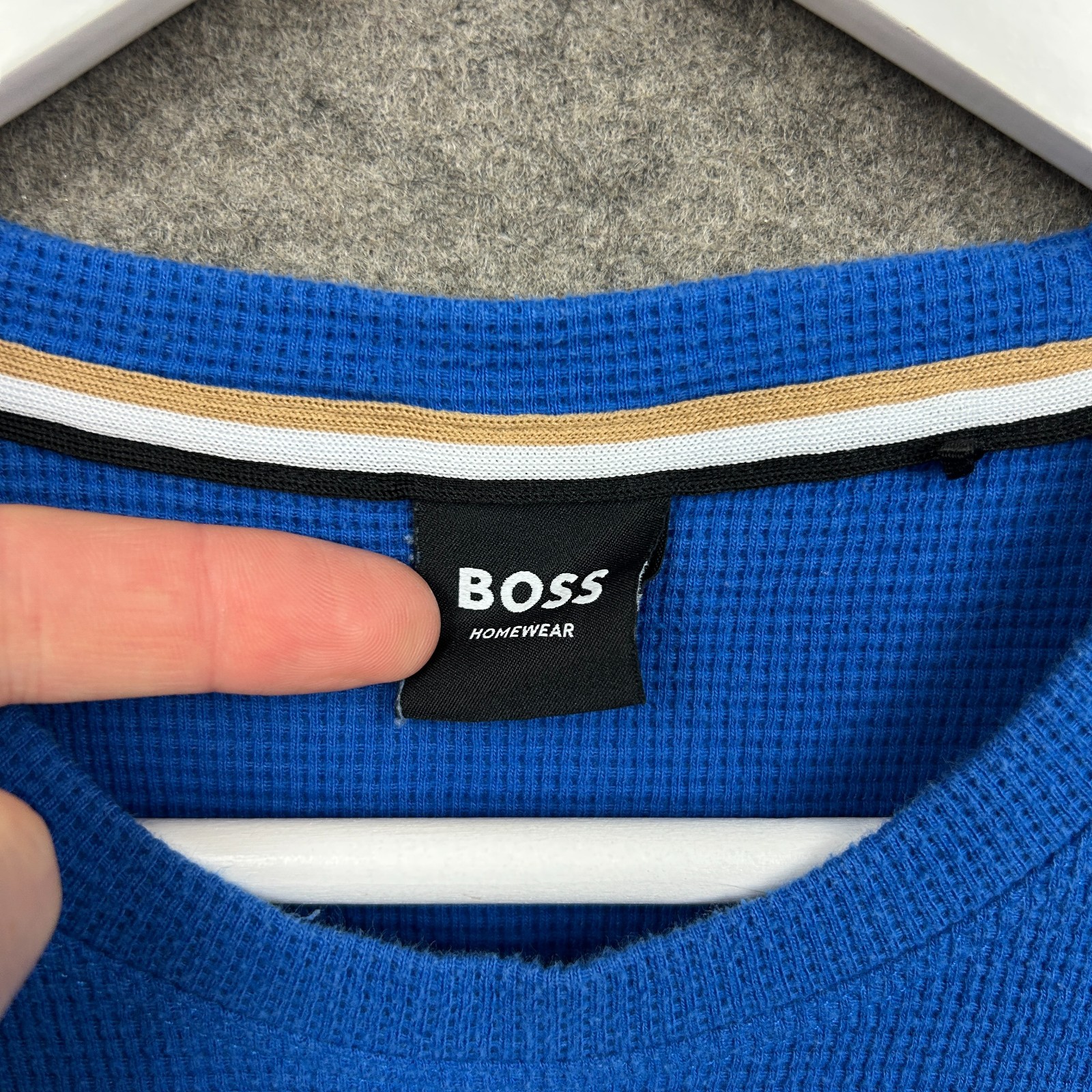 Hugo Boss Shirt Mens Large Blue Waffle Tee Pullover Embroidered Logo Lounge Slim gallery