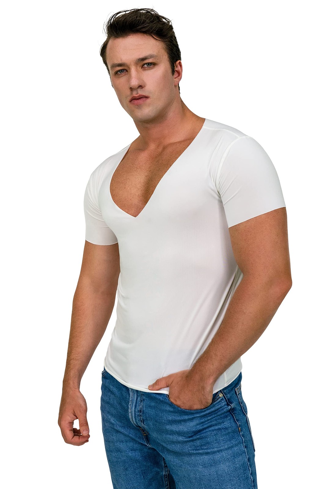 Deep V Neck Undershirts for Men-Sweatproof White V-Neck Short Sleeve Mens Tsh... gallery
