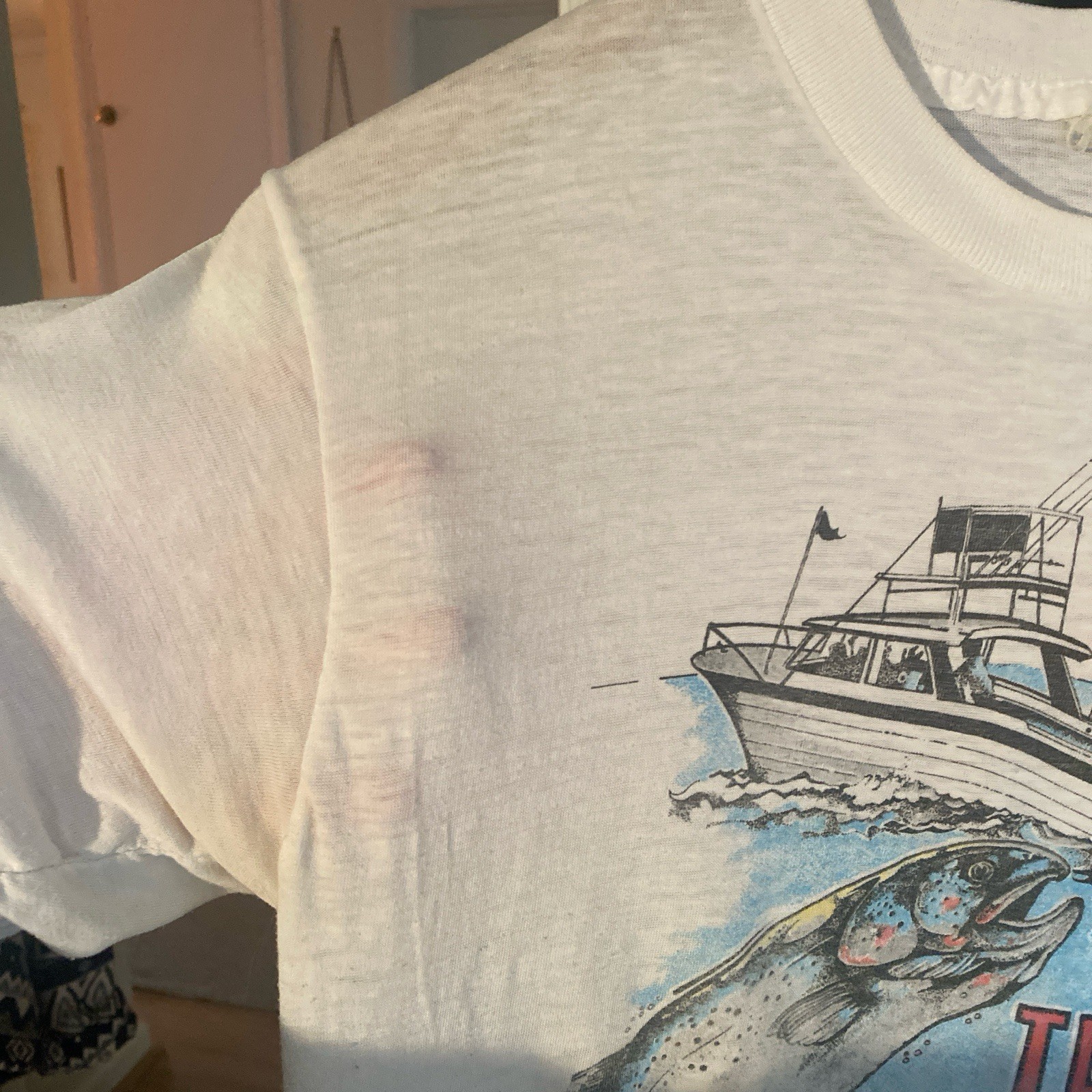 Vtg Fisherman ‘ I’m Trolling For Salmon’ TNT T shirt Paper Thin White Fish Boat gallery