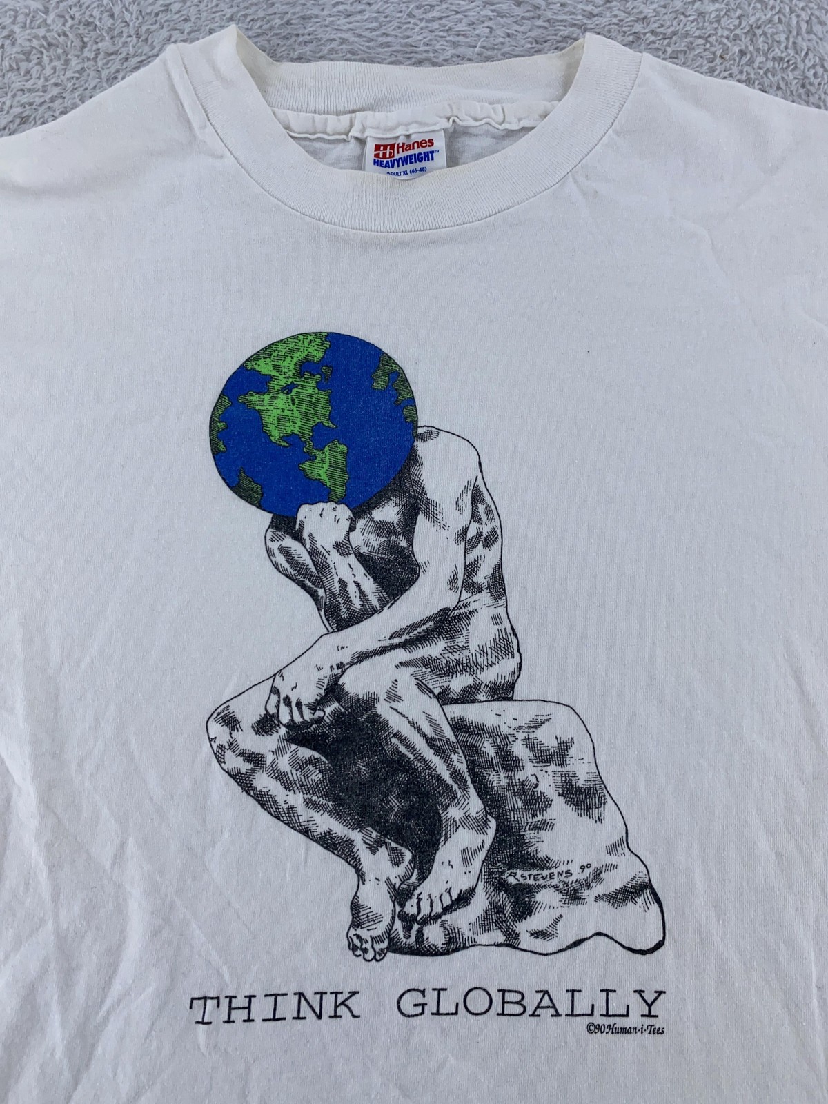 Vintage Think Globally Shirt Mens L/XLThe Thinker Earth Rodin Art Philosophy 90s gallery