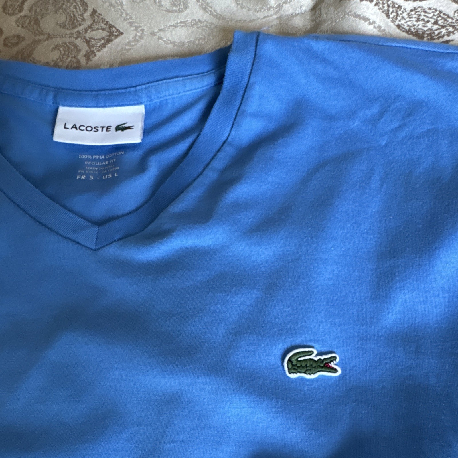 Lacoste Men's Blue V-Neck Short Sleeve Regular Fit Logo Pima Cotton Tee L gallery