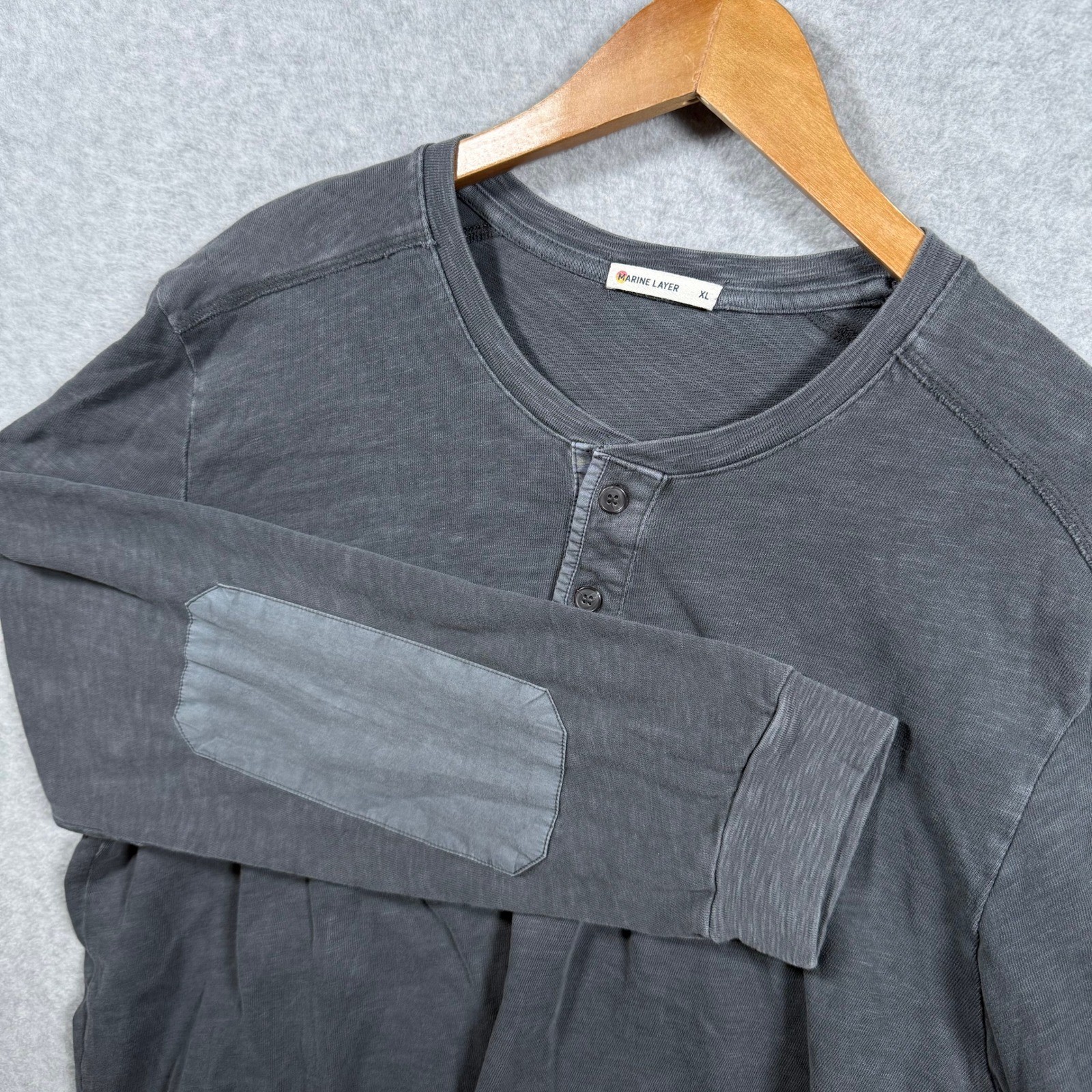 Marine Layer Mens XL Gray Cotton Henley Long Sleeve Shirt Elbow Patches