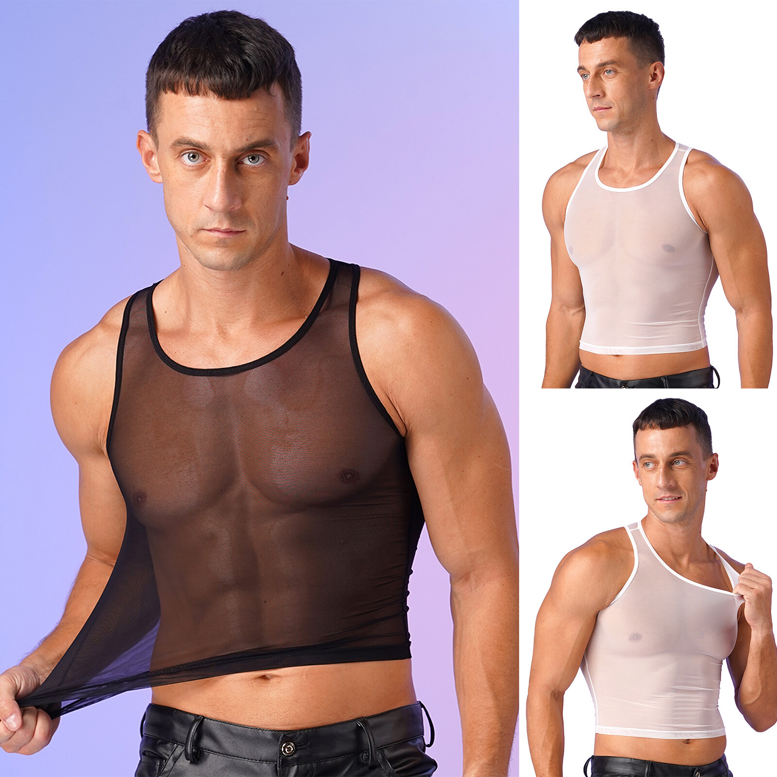 US Mens Tank Top Workout Crop Tops See-Through T-shirts Muscle Blouse Mesh Vests gallery