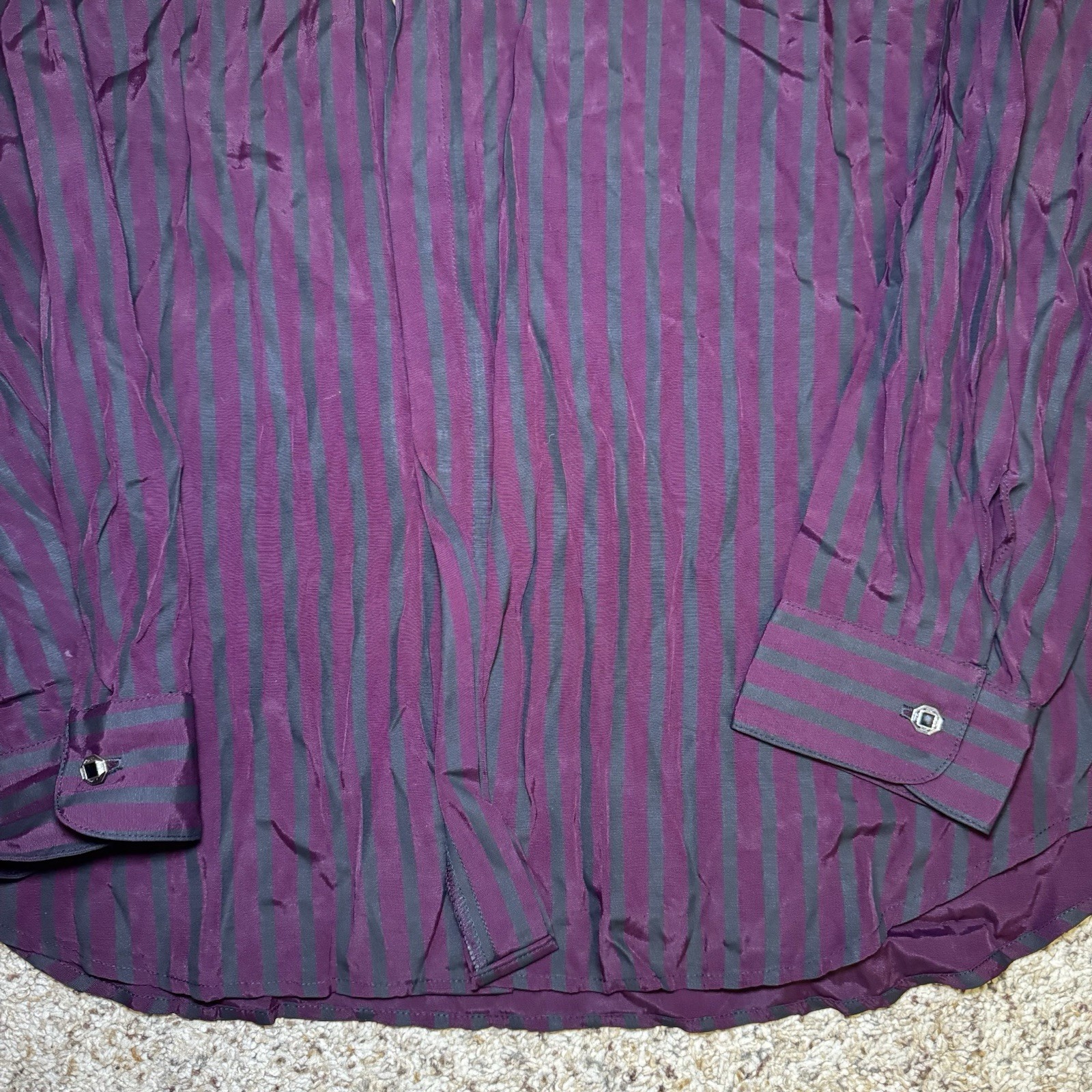 Intl Male Black Satin Stripe Shirt Large Glam Rock Goth Clubwear Vintage 80s gallery