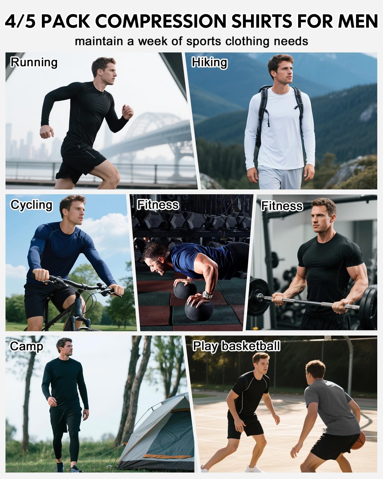 4 Pack Men's Compression Shirts Long Short Sleeve Dry Cool Rash Guard XX-Small gallery