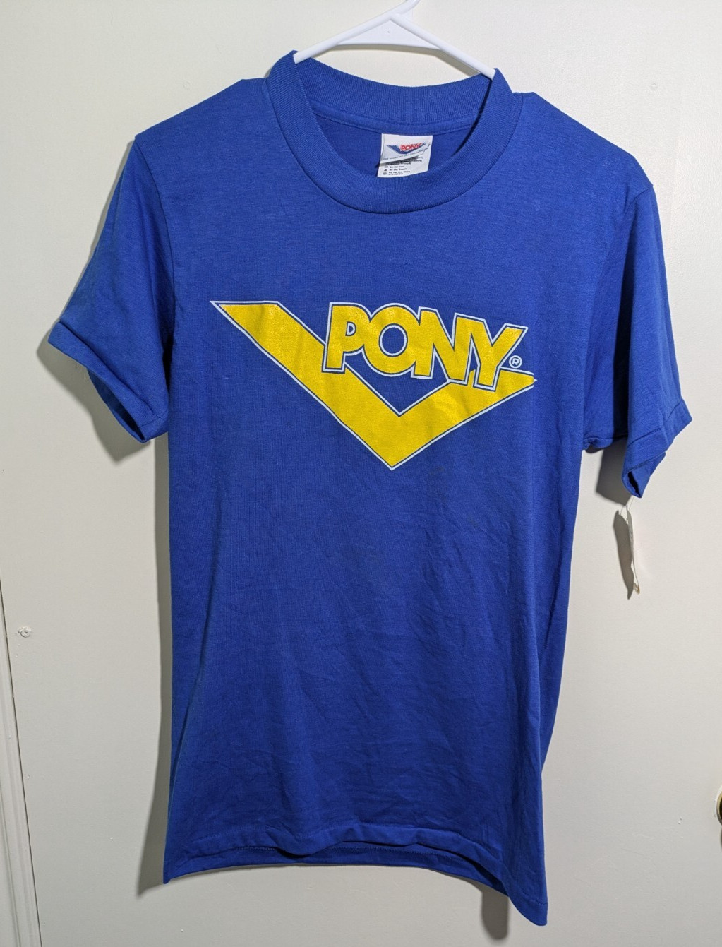 Vintage PONY Mark of the Chevron T-Shirt Medium Blue Yellow deadstock NWT 90s