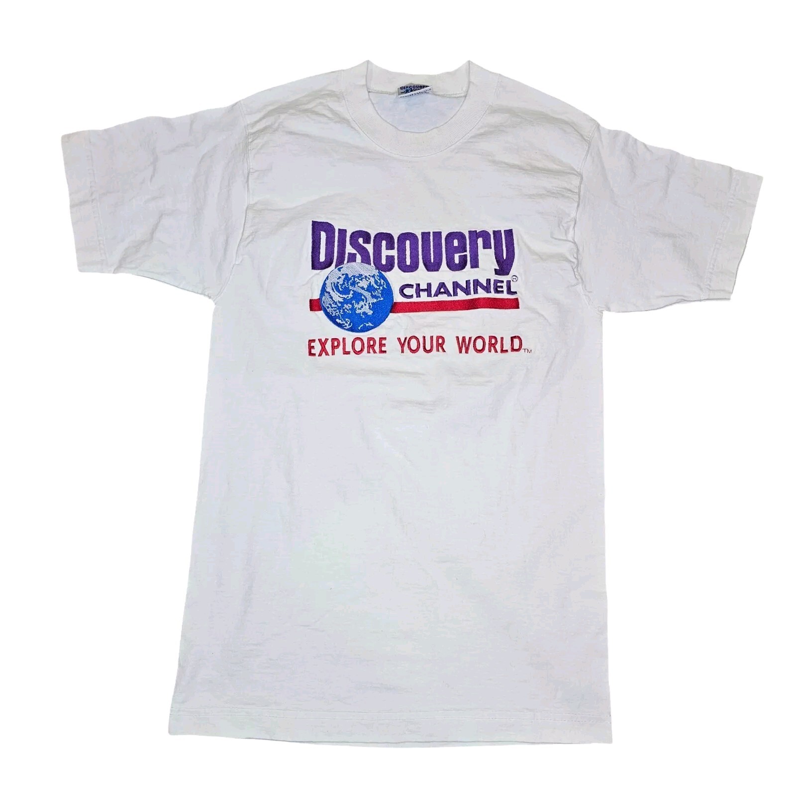 Retro Discovery Channel Embroidered T-shirt Shirt White Sz Small TALL Retro 90s gallery