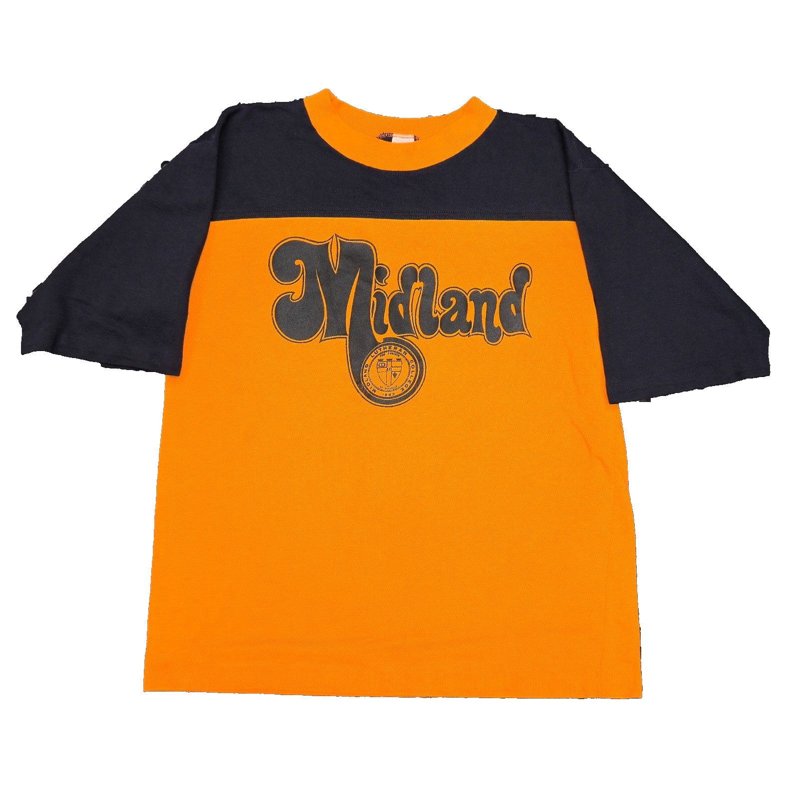 Vintage 70s Midland Lutheran College Shirt Medium Artex Made In USA Black Orange gallery