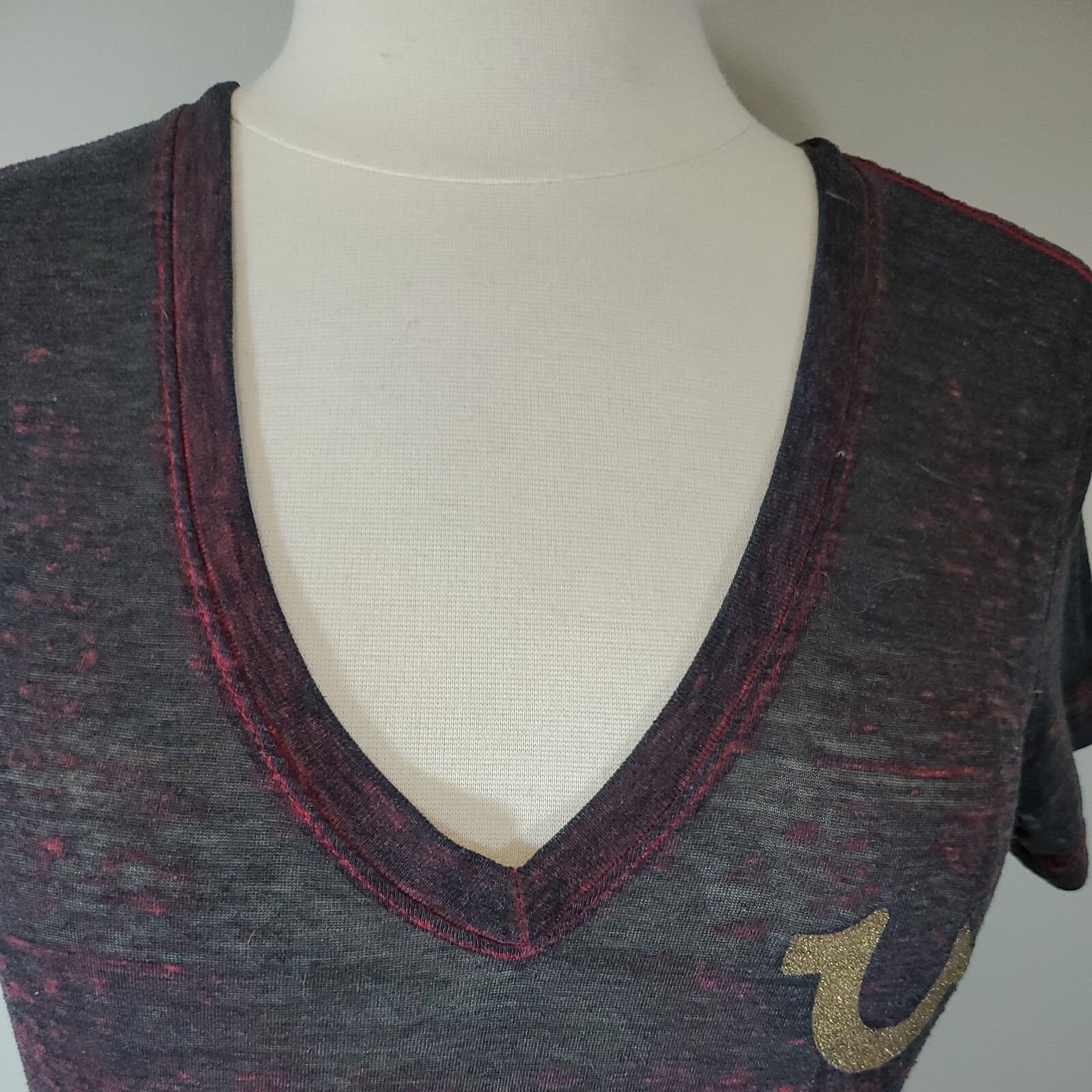 True Religion Womans Small Burn Out T Shirt Top Logo Short Sleeve Semi Sheer gallery