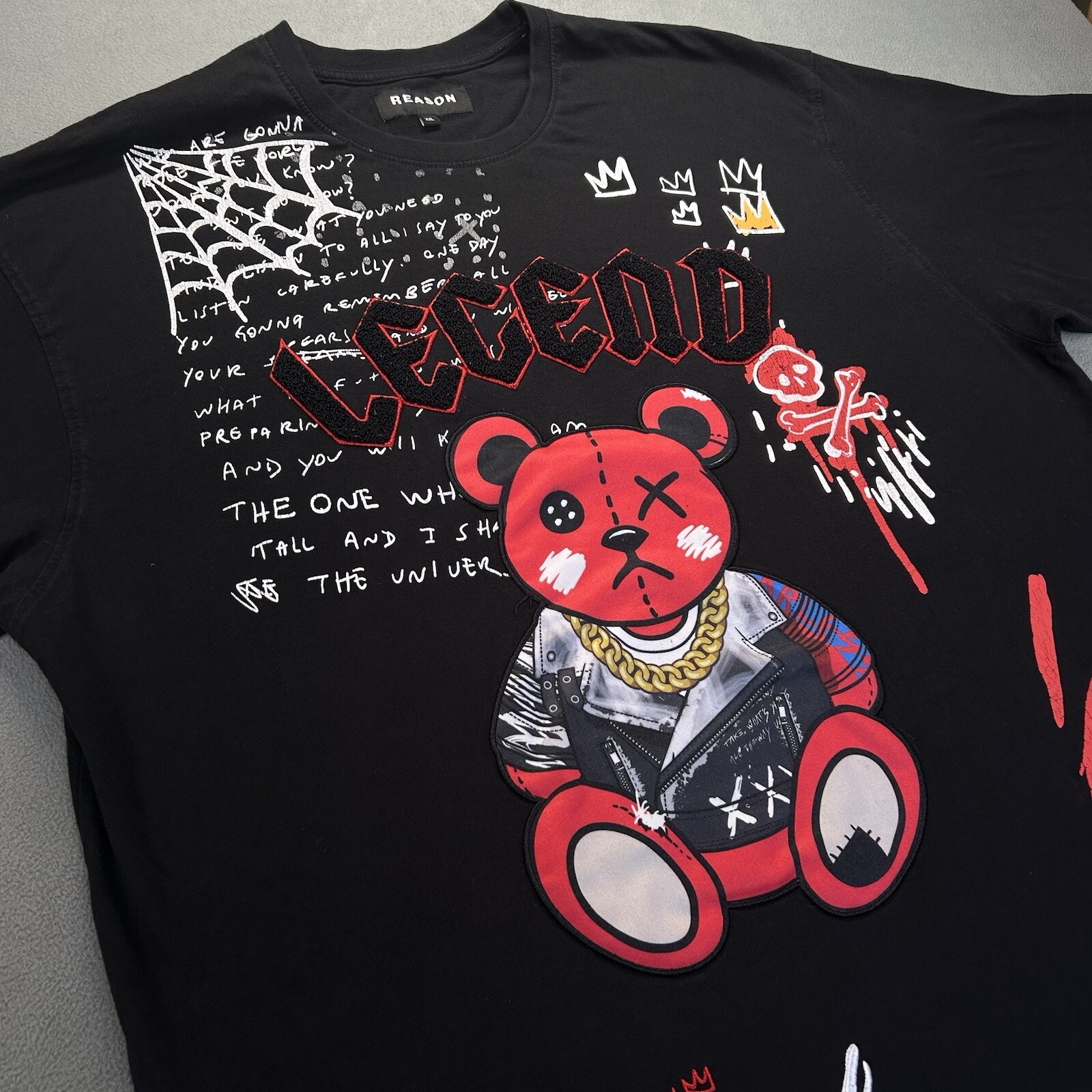 Reason Men’s T-Shirt XXL Black Embroidered Legend Raised Teddy Bear Drip Skull gallery