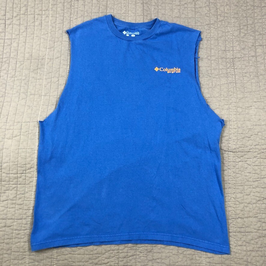 Columbia T Shirt Men Large Blue PFG Graphic Logo Fishing Gear Muscle Sleeveless